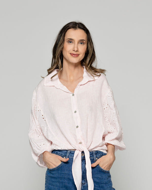 Blusa Mujer Benilda Lino Con Broderie Ajustable En La Cintura Rosada Lineatre