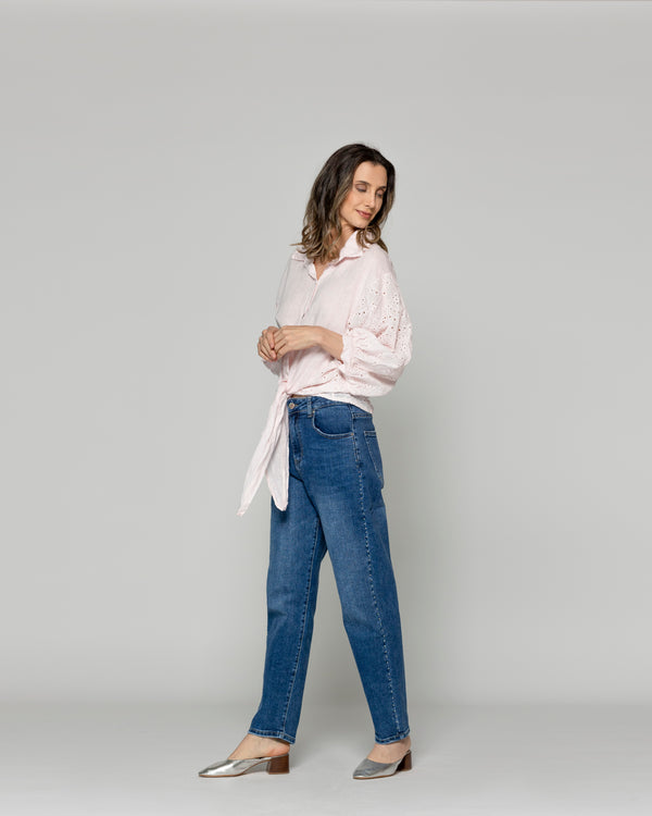 Blusa Mujer Benilda Lino Con Broderie Ajustable En La Cintura Rosada Lineatre