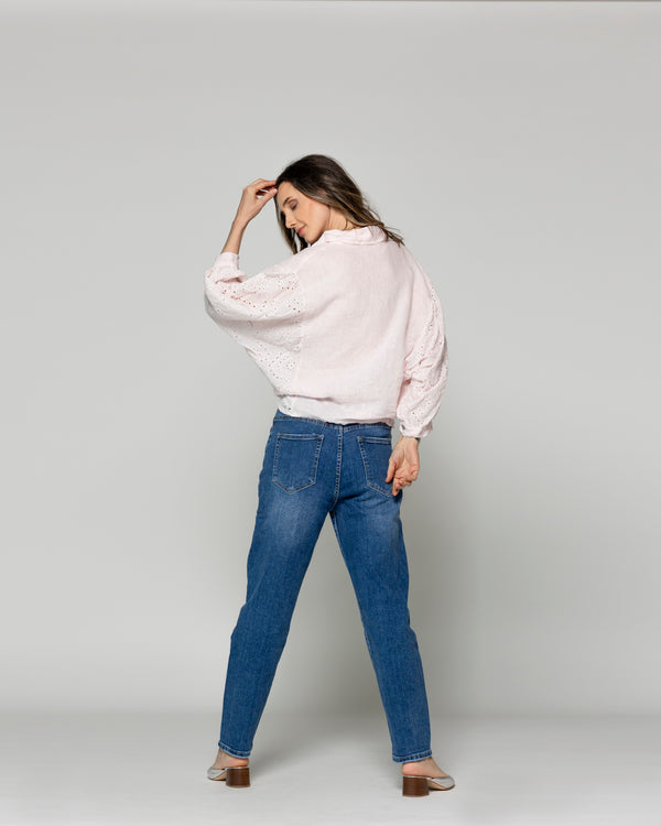 Blusa Mujer Benilda Lino Con Broderie Ajustable En La Cintura Rosada Lineatre