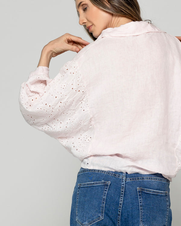 Blusa Mujer Benilda Lino Con Broderie Ajustable En La Cintura Rosada Lineatre