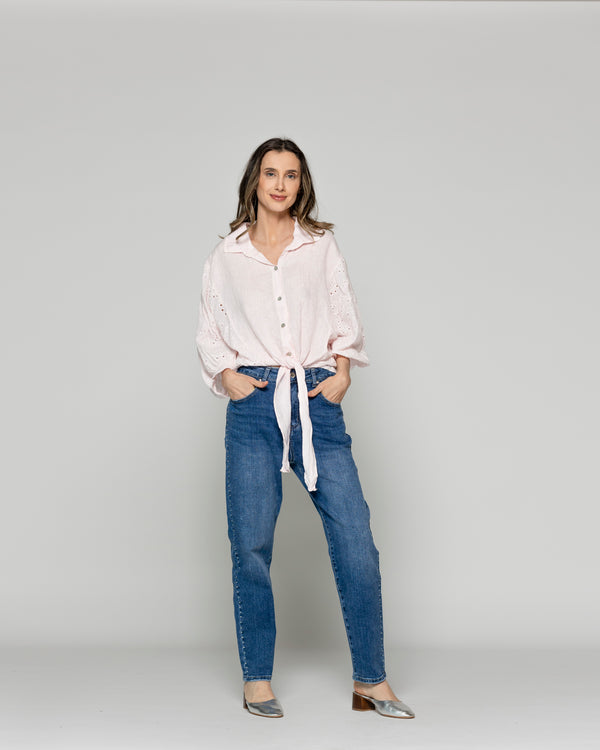 Blusa Mujer Benilda Lino Con Broderie Ajustable En La Cintura Rosada Lineatre