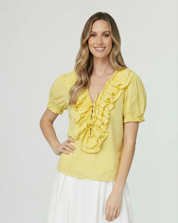 Blusa Mujer Veronica Relaxed Cuello en V Manga corta Amarillo Lineatre