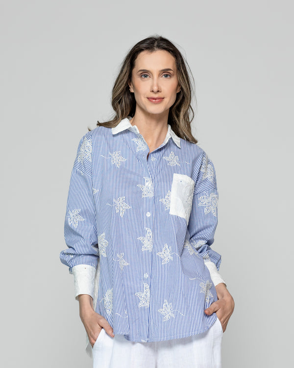 Camisa Mujer Luciana Flores Bordadas Blancas Y Rayas Azul Lineatre