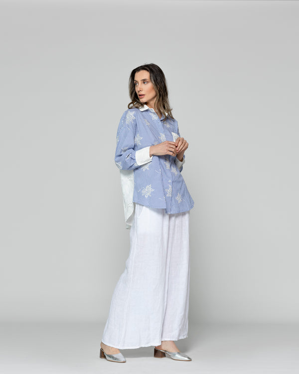 Camisa Mujer Luciana Flores Bordadas Blancas Y Rayas Azul Lineatre