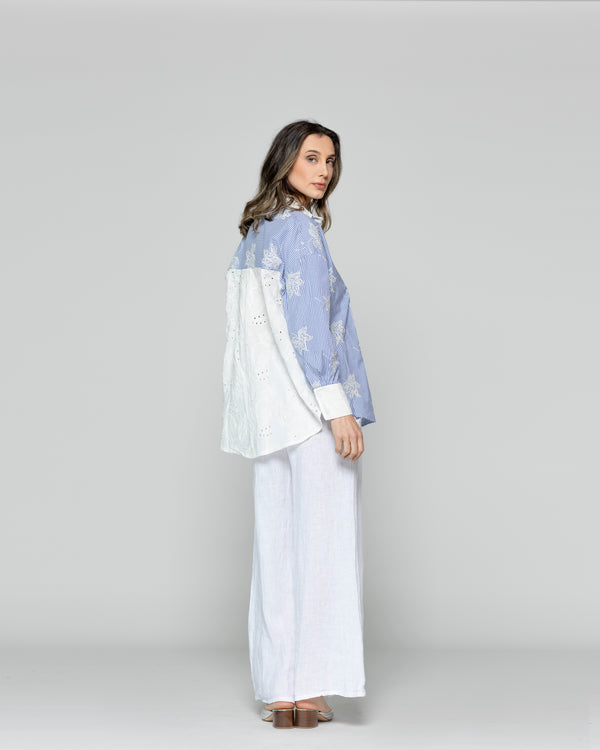 Camisa Mujer Luciana Flores Bordadas Blancas Y Rayas Azul Lineatre