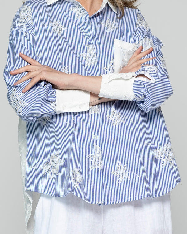 Camisa Mujer Luciana Flores Bordadas Blancas Y Rayas Azul Lineatre