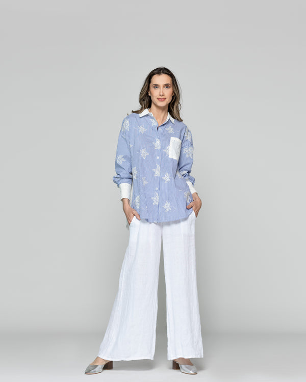 Camisa Mujer Luciana Flores Bordadas Blancas Y Rayas Azul Lineatre