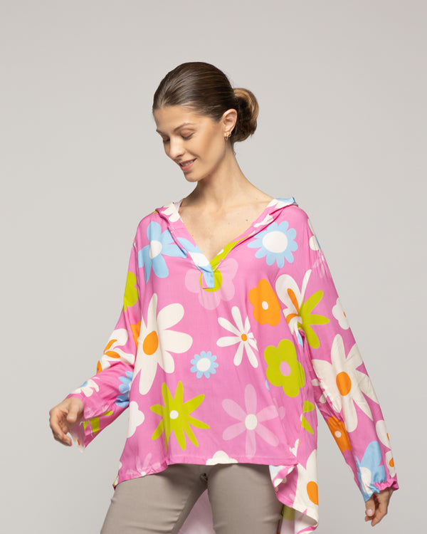 Blusa Mujer Basia Con Capucha Y Flores Fucsia Lineatre