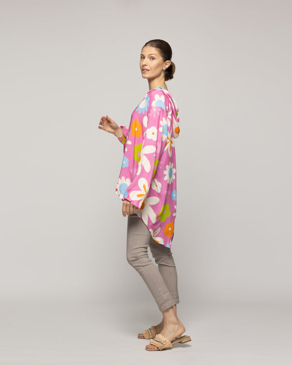 Blusa Mujer Basia Con Capucha Y Flores Fucsia Lineatre