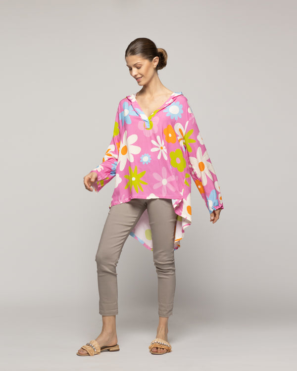 Blusa Mujer Basia Con Capucha Y Flores Fucsia Lineatre