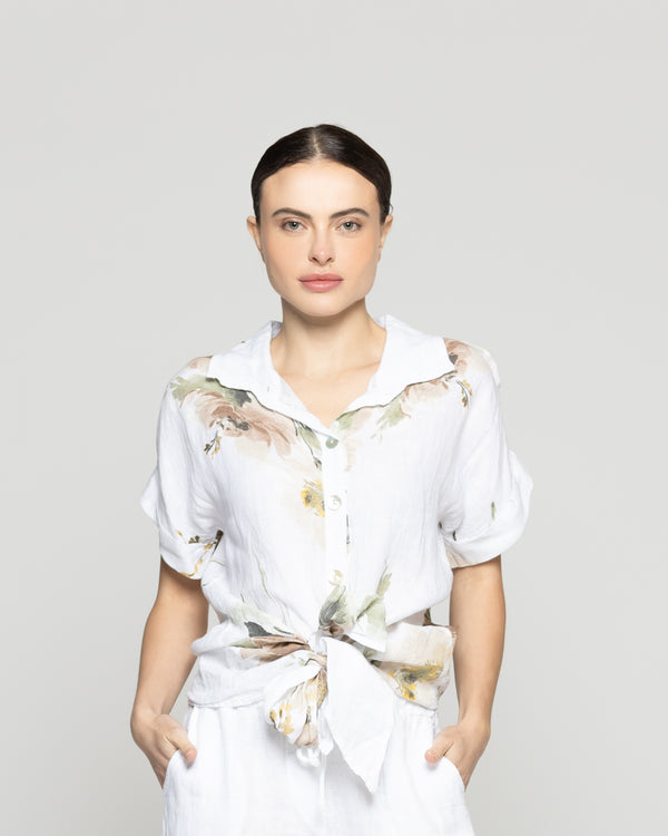 Blusa Mujer Bonnie de Lino Con Estampado de Flores Blanca Lineatre