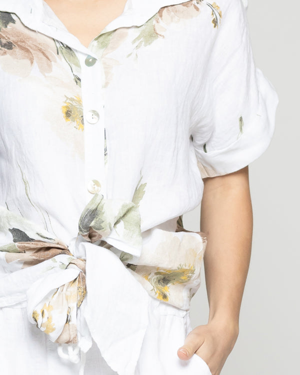 Blusa Mujer Bonnie de Lino Con Estampado de Flores Blanca Lineatre