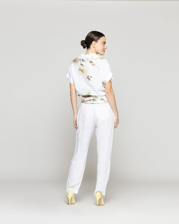 Blusa Mujer Bonnie de Lino Con Estampado de Flores Blanca Lineatre