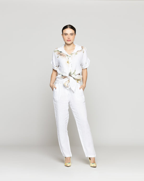 Blusa Mujer Bonnie de Lino Con Estampado de Flores Blanca Lineatre