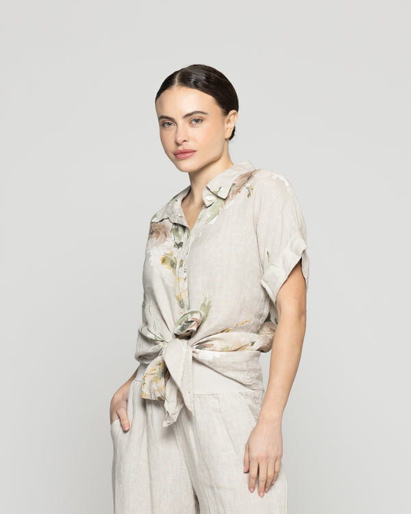 Blusa Mujer Bonnie de Lino Con Estampado de Flores Beige Lineatre