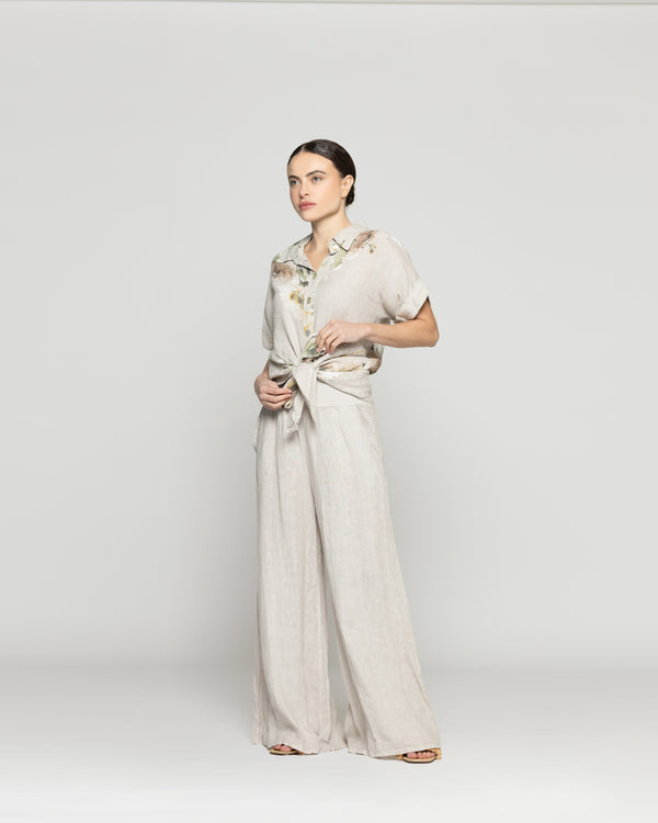 Blusa Mujer Bonnie de Lino Con Estampado de Flores Beige Lineatre