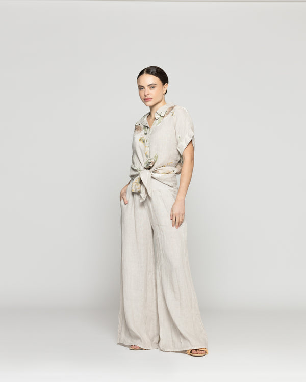 Blusa Mujer Bonnie de Lino Con Estampado de Flores Beige Lineatre