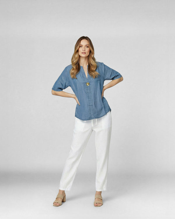 Blusa Mujer Flavia Overside Cuello en V Manga 3/4 Jeans Lineatre