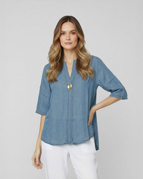 Blusa Mujer Flavia Overside Cuello en V Manga 3/4 Jeans Lineatre