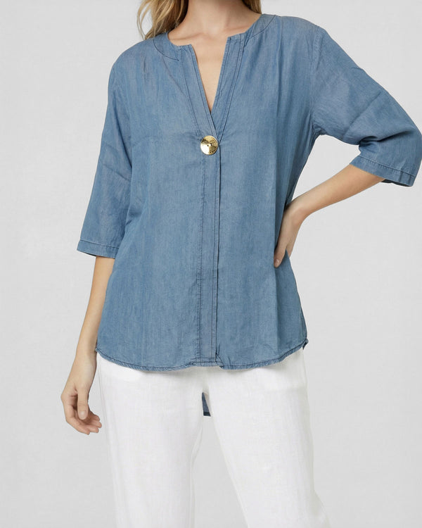 Blusa Mujer Flavia Overside Cuello en V Manga 3/4 Jeans Lineatre