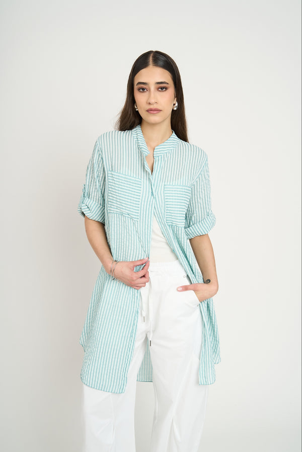 Blusón Camisero Largo a Rayas Agua