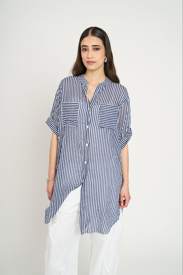 Blusón Camisero Largo a Rayas Azul Marino