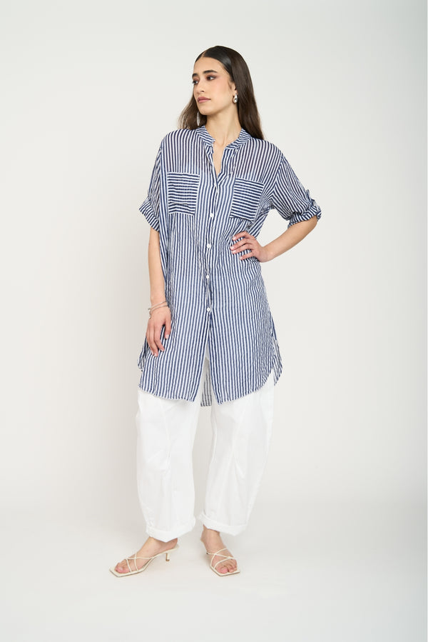 Blusón Camisero Largo a Rayas Azul Marino