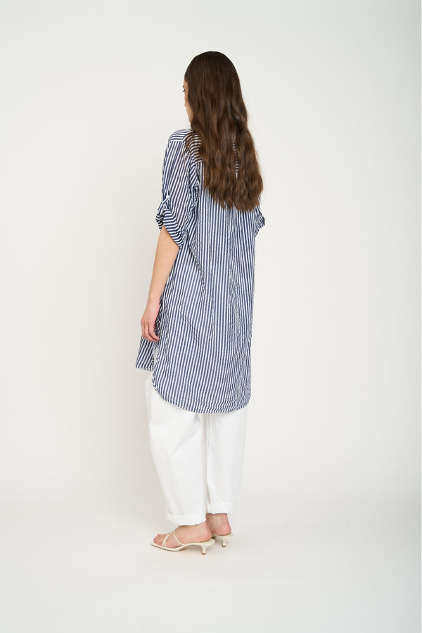 Blusón Camisero Largo a Rayas Azul Marino