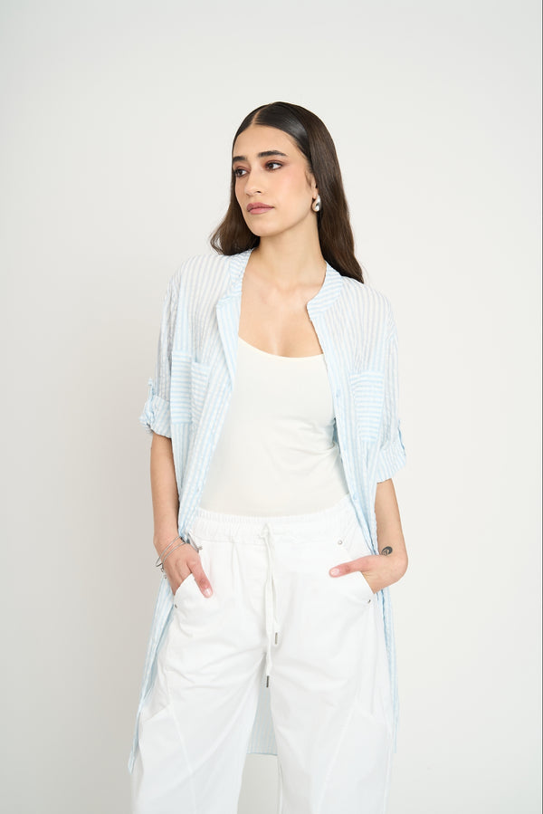 Blusón Camisero Largo a Rayas Cielo