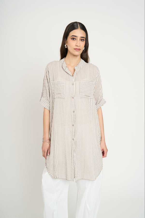 Blusón Camisero Largo a Rayas Fango