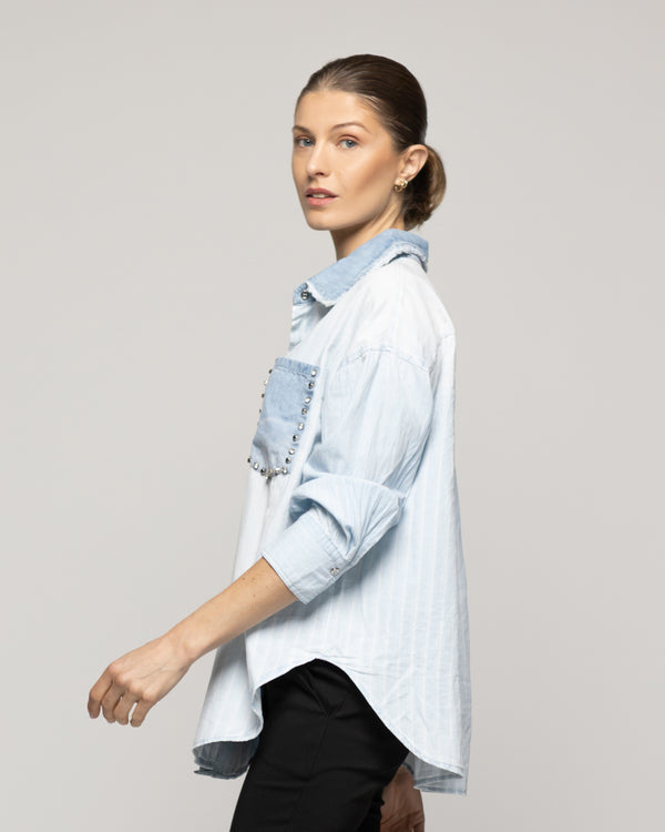 Camisa Mujer Lorenza Jeans Con Tachas Bicolor Lineatre