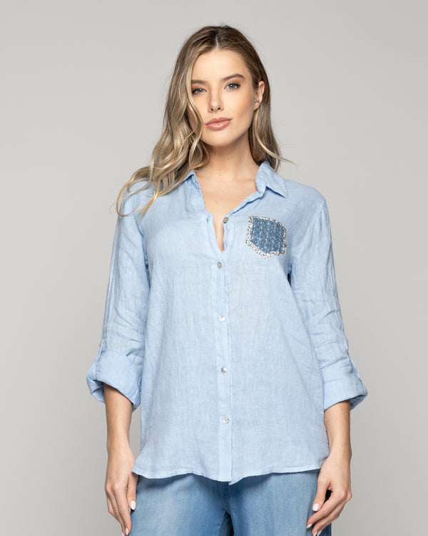 Blusa Mujer Benita De Lino Manga Larga Celeste Con Bolsillo Lineatre