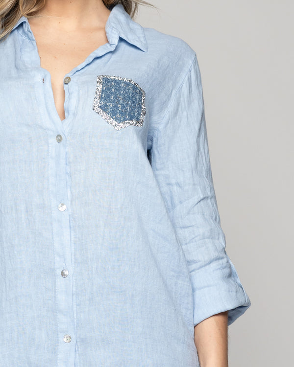 Blusa Mujer Benita De Lino Manga Larga Celeste Con Bolsillo Lineatre