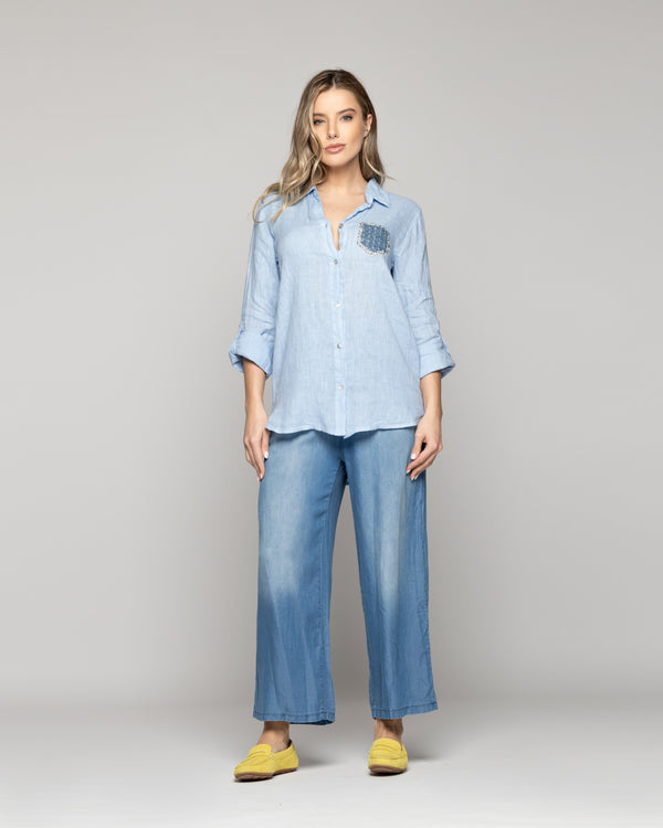 Blusa Mujer Benita De Lino Manga Larga Celeste Con Bolsillo Lineatre