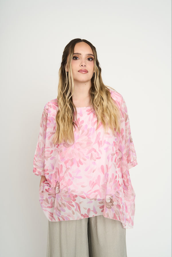 Blusa Mujer Flores Crisantemos Rosa Lineatre