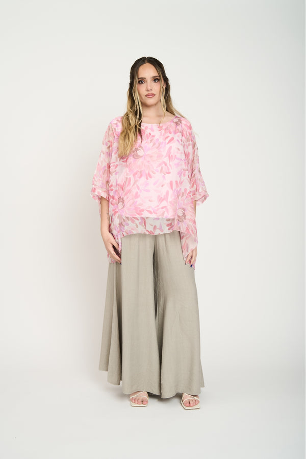 Blusa Mujer Flores Crisantemos Rosa Lineatre