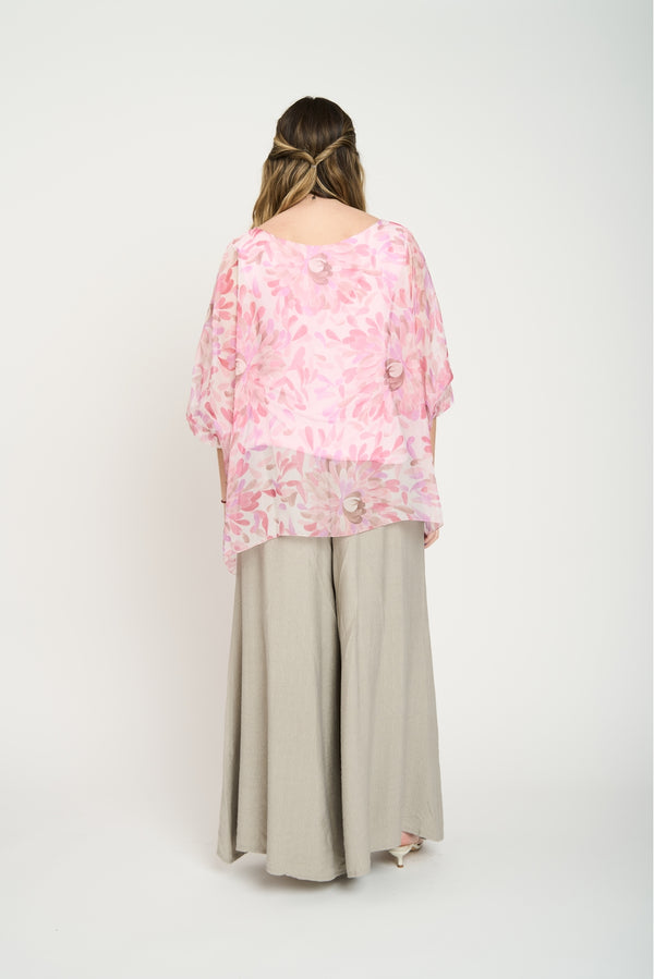 Blusa Mujer Flores Crisantemos Rosa Lineatre