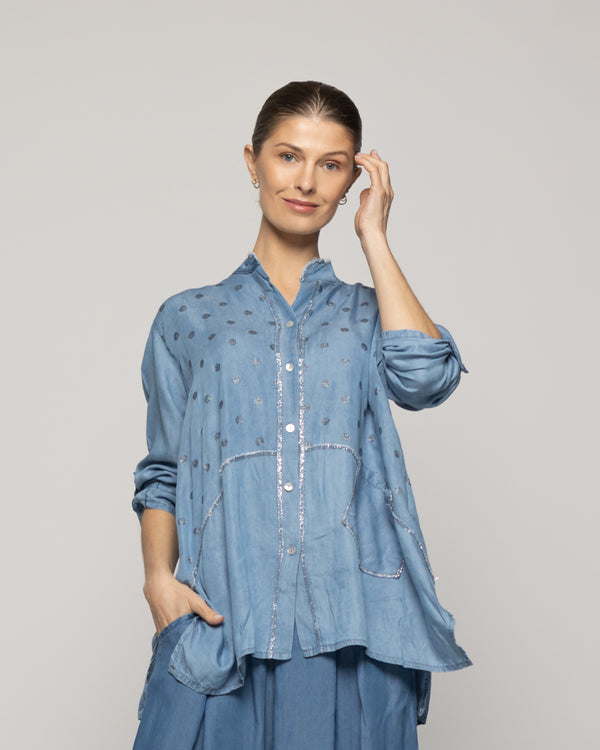 Blusa Mujer Belle Oversize Con Bolsillos Y Diseño De Puntos Brillante Azul Lineatre