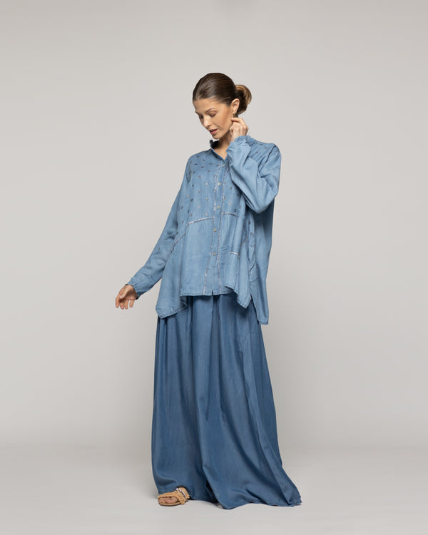 Blusa Mujer Belle Oversize Con Bolsillos Y Diseño De Puntos Brillante Azul Lineatre