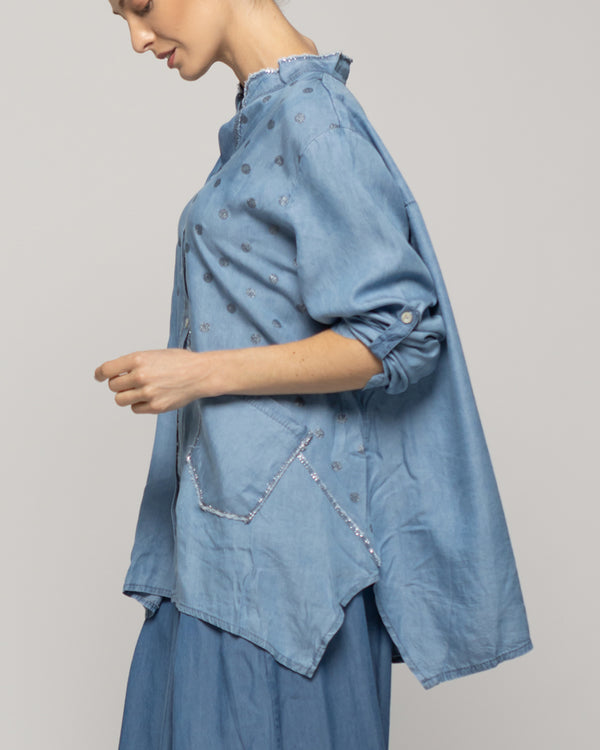 Blusa Mujer Belle Oversize Con Bolsillos Y Diseño De Puntos Brillante Azul Lineatre