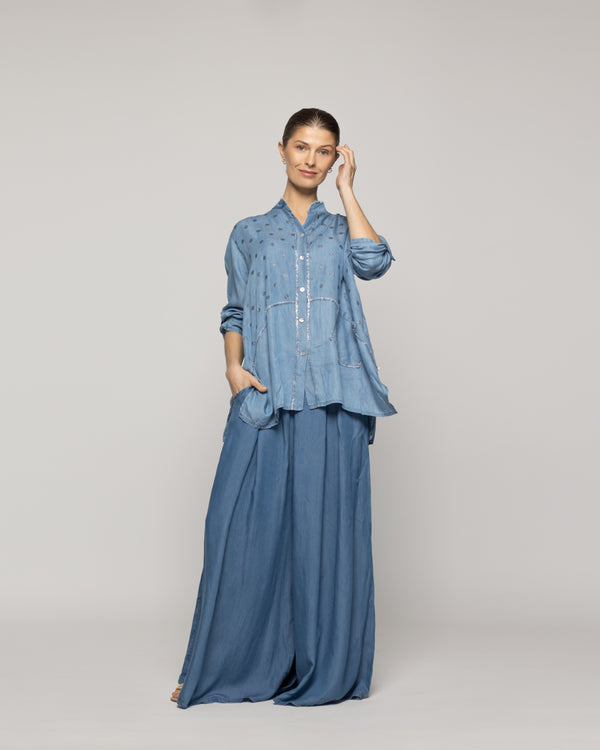 Blusa Mujer Belle Oversize Con Bolsillos Y Diseño De Puntos Brillante Azul Lineatre