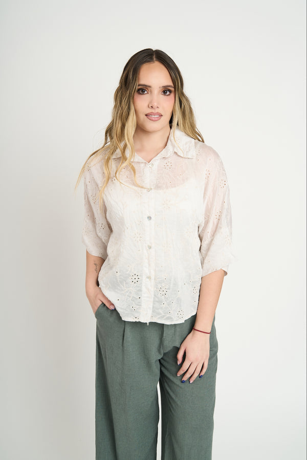 Blusa Mujer Matilde Cuello con solapa Beige Lineatre