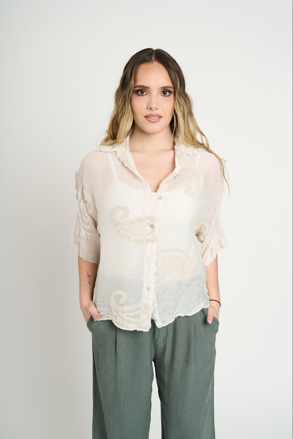 Blusa Mujer Amalia Cuello con solapa Beige Lineatre