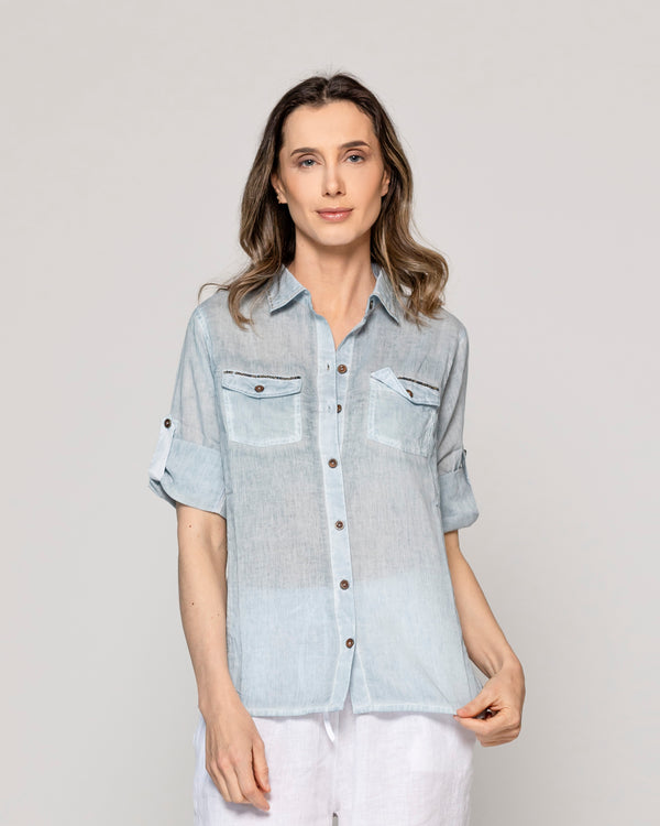 Blusa Mujer Brina Manga 3/4 Bolsillo Frontal Celeste Lineatre