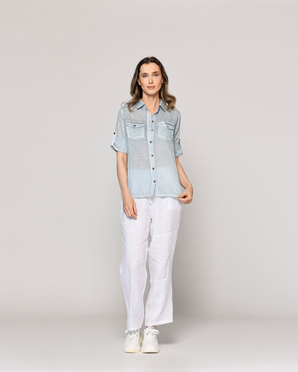 Blusa Mujer Brina Manga 3/4 Bolsillo Frontal Celeste Lineatre