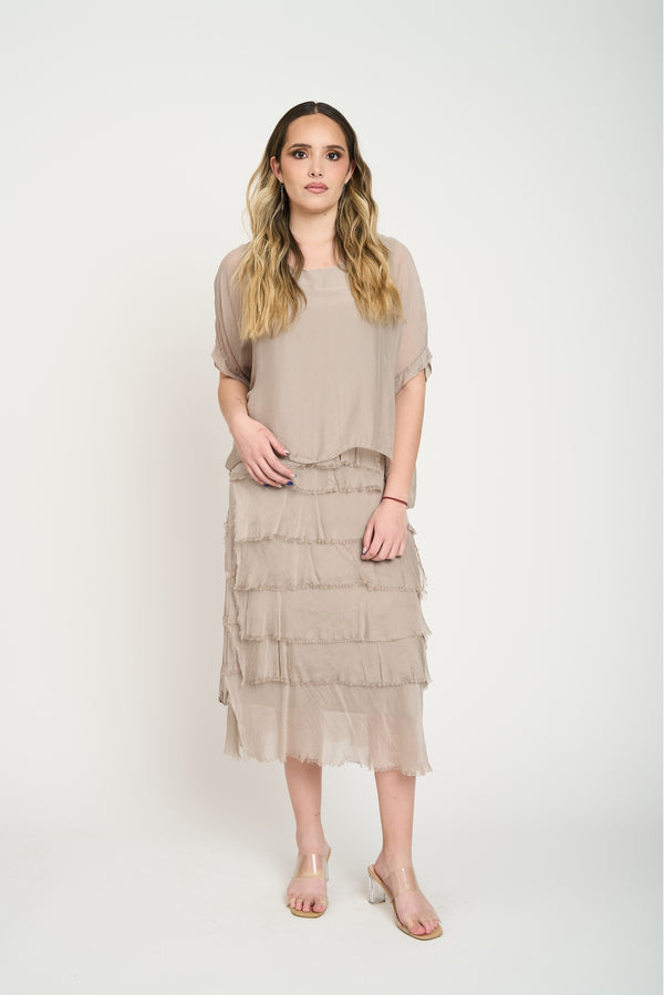 Vestido Midi de Volantes Desflecados Fango Lineatre