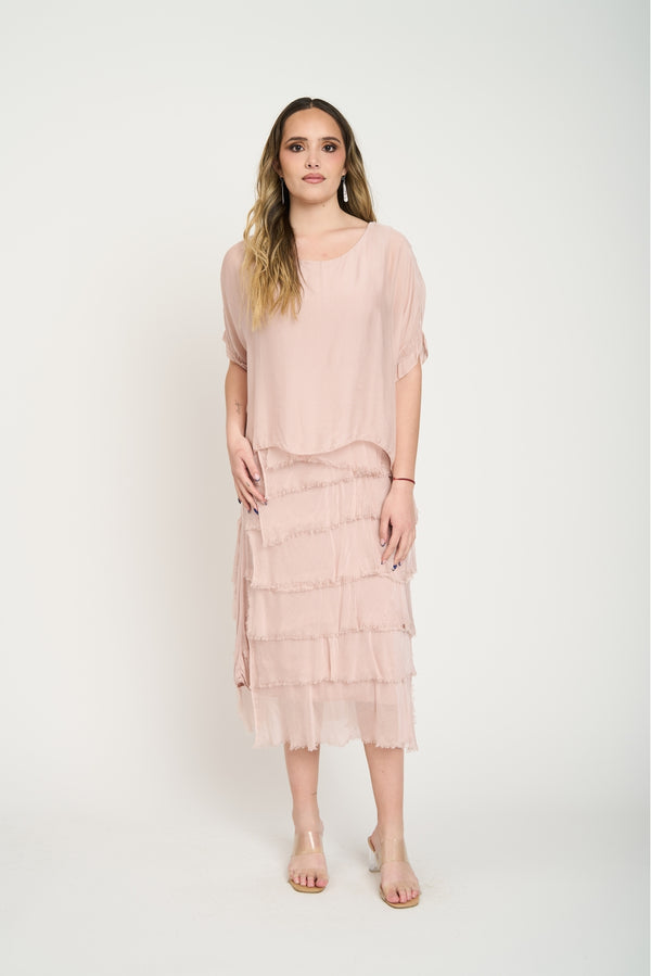 Vestido Midi de Volantes Desflecados Rosa Lineatre