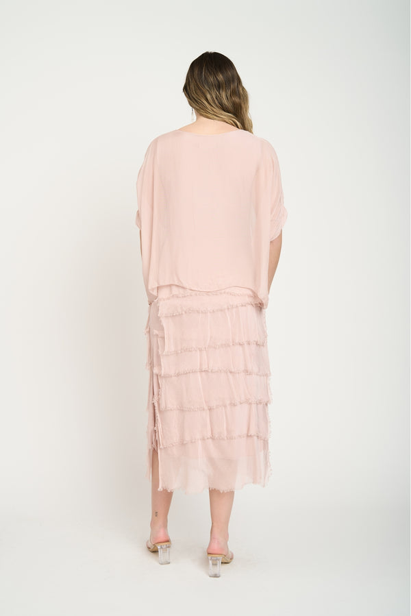 Vestido Midi de Volantes Desflecados Rosa Lineatre
