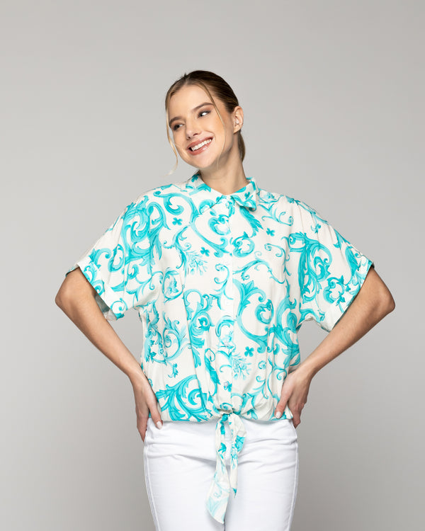 Blusa Mujer Brunilda Con Amarra y Estampado Verde Turquesa Lineatre