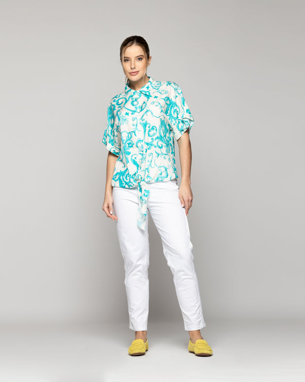 Blusa Mujer Brunilda Con Amarra y Estampado Verde Turquesa Lineatre
